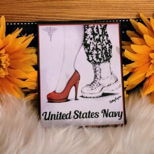 A picture of the united states navy with flowers in front.