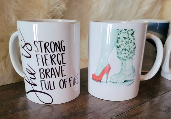 Two mugs with a quote and shoes on them.