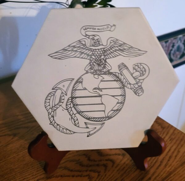 Military Themed Engraved Decorative Tiles featuring an etched design of a stylized eagle above a globe, flanked by an anchor and ship’s wheel, with the banner reading "semper paratus.