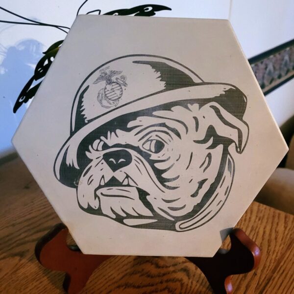 Military Themed Engraved Decorative Tiles featuring a black and white illustration of a bulldog wearing a hat with an emblem.