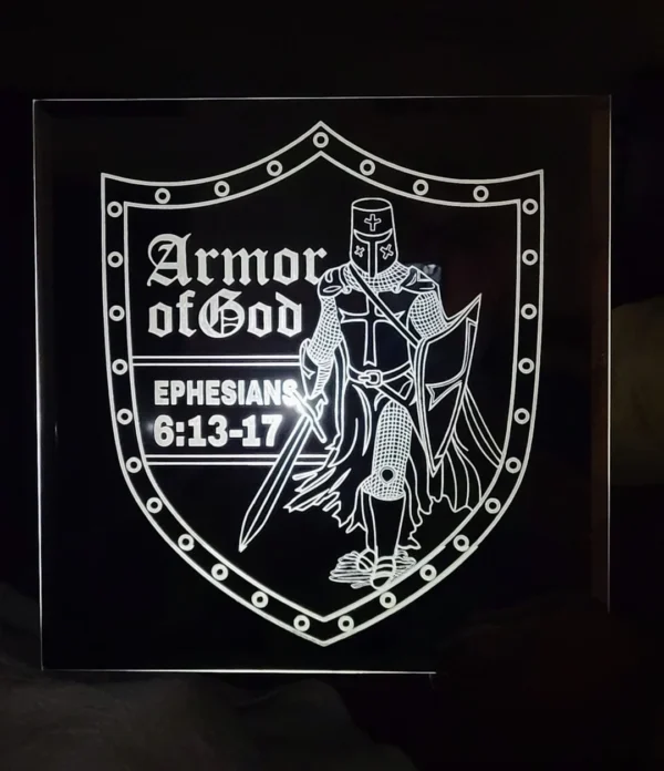 Custom Engraved Mirrors displaying a knight in armor holding a sword and shield, labeled "armor of god" with a biblical reference, ephesians 6:13-17.