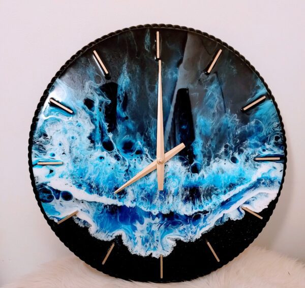 A clock with blue waves on it