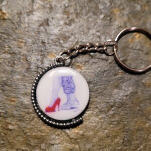 A keychain with a picture of a woman 's shoe.