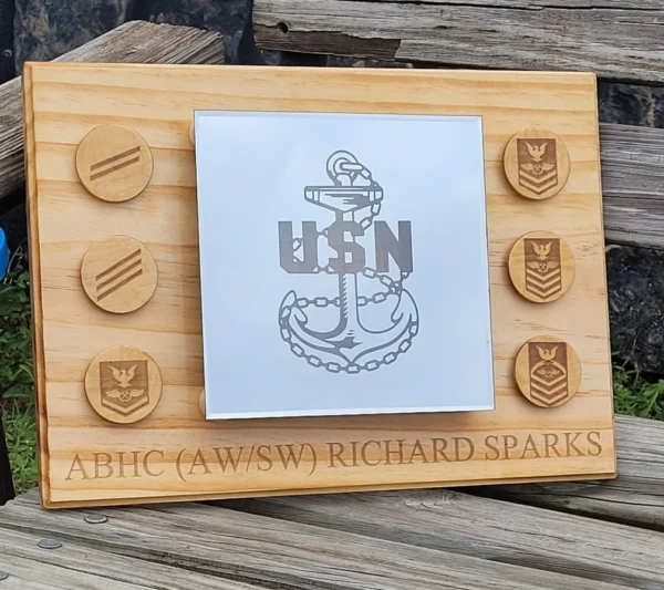 Custom Engraved Mirror with a U.S. Navy emblem, featuring an anchor and "USN" letters, surrounded by military rank insignias and the name "ABHC (AW/SW) Richard Sparks.