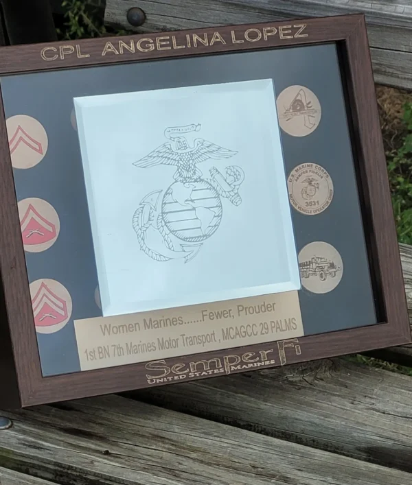 Custom Engraved Mirrors for cpl angelina lopez, featuring emblems and text celebrating women marines at 1st bn 7th marines motor transport.