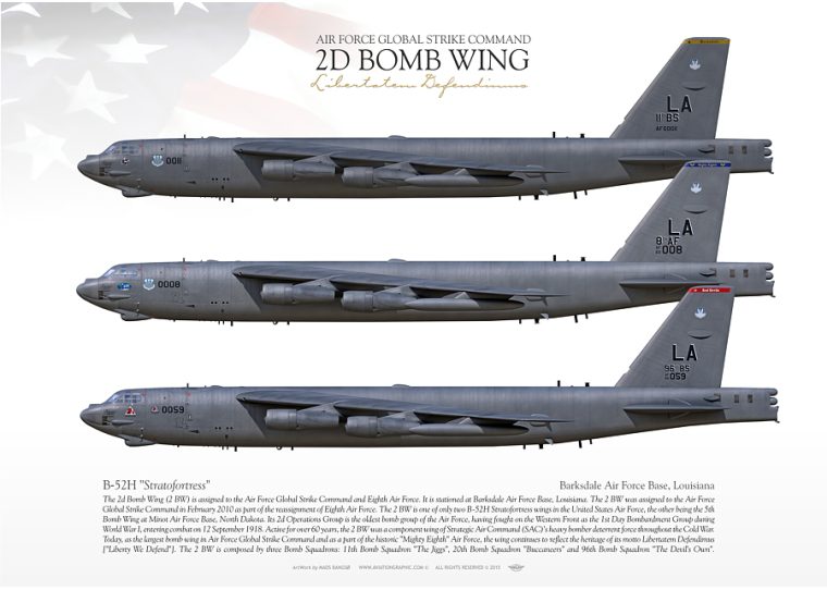 Three B-52H "Stratofortress" 2 BW MB-42 bombers with different tail numbers displayed over an american flag background, indicating affiliation with the 2d bomb wing, air force global strike command.