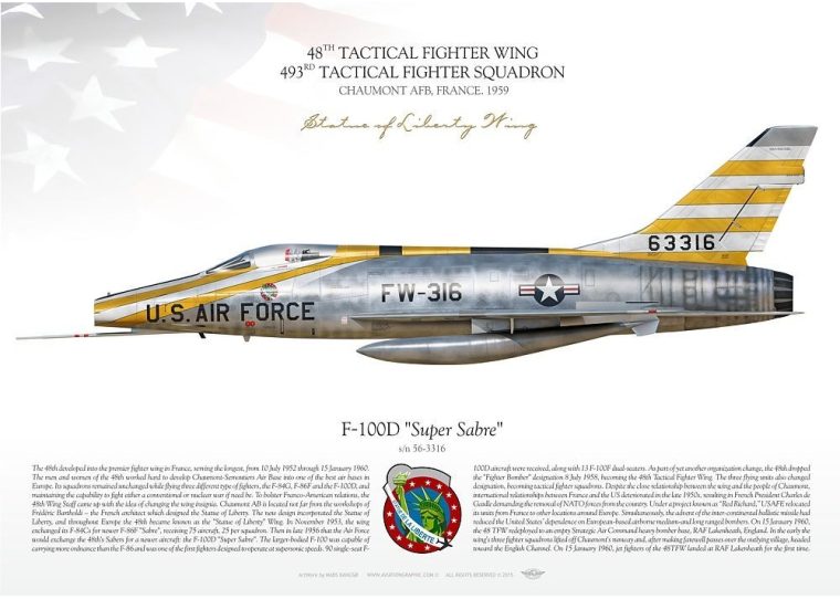 Illustration of a u.s. air force F-100D "Super Sabre" 48TFW MB-73 jet with markings from the 48th tactical fighter wing, 493rd tactical fighter squadron, circa 1959.