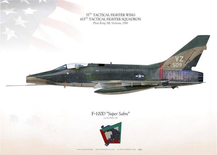 Illustration of a F-100D "Super Sabre" 615 TFS MB-165 aircraft, marked "vz 508" and belonging to the 35th tactical fighter wing, 615th tactical fighter squadron from Phan Rang AB, Vietnam, 1966, with U.S. flag backdrop.