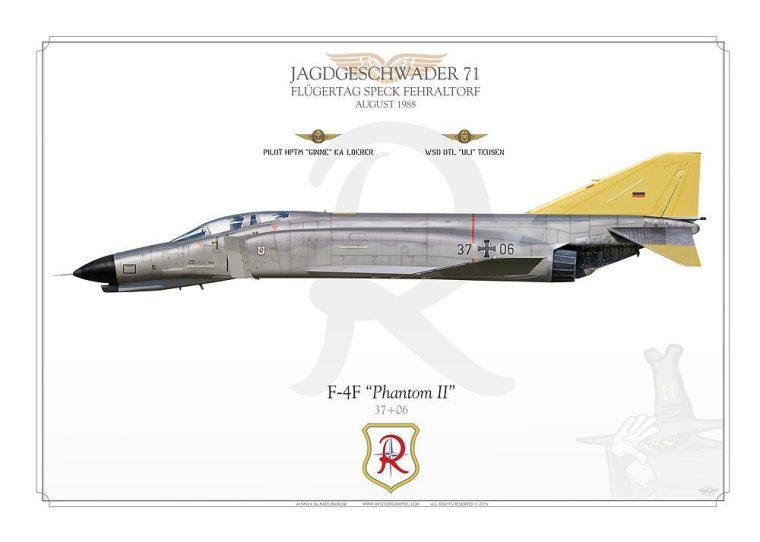 A silver fighter jet with yellow tail and black underbelly.