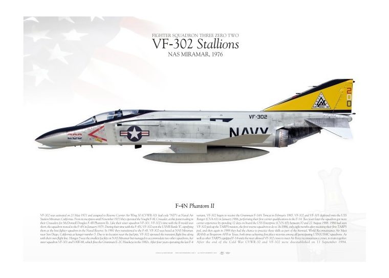 A military jet fighter plane with the name of " vf-3 0 2 stallions ".