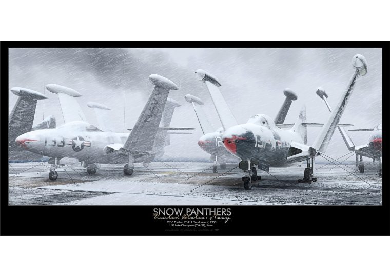 A row of Snow Panthers aircraft, marked with "snow panthers" text, parked on a snowy tarmac during a heavy snowfall.