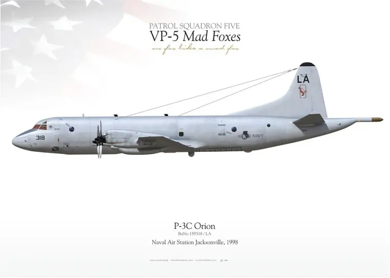 A white airplane with the words " vp-5 mad foxes ".