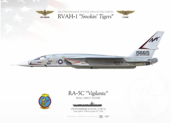 A fighter jet with the name " rvah-1 smokin tigers ".