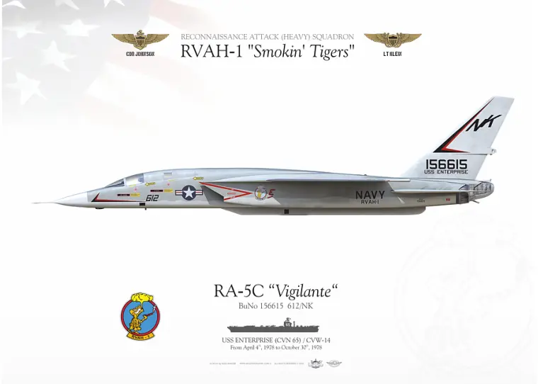 A fighter jet with the name " rvah-1 smokin tigers ".