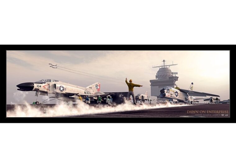 Digital artwork of a vintage aircraft carrier launching jets, titled "Dawn On Enterprise," with a dramatic sunrise in the background.