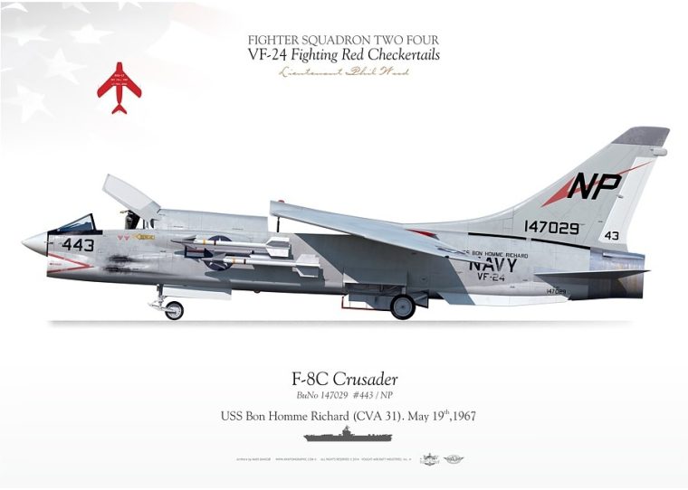 A fighter jet is shown with the name of " crusader ".