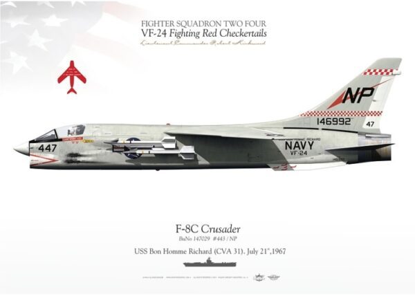 A fighter jet with the name of " crusader " on it.