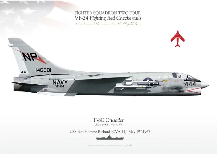 A poster of an f-8 crusader fighter jet.