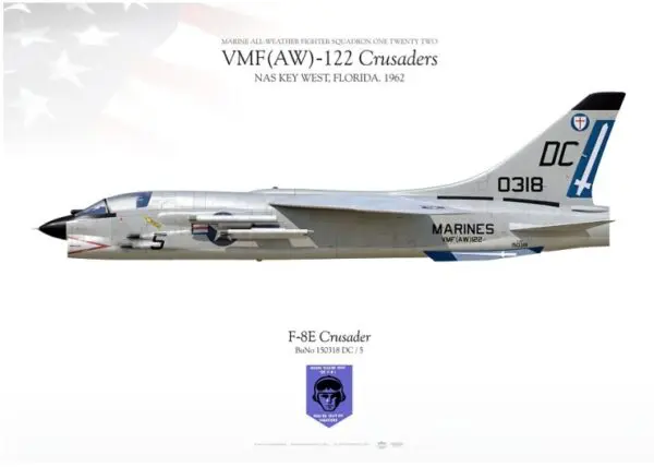 A military jet fighter plane with the name of " e-4 8 crusader ".