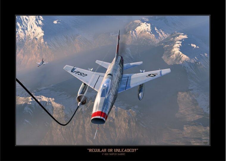 A digital artwork depicting two vintage fighter planes flying low over a mountainous landscape, with the product name "Regular Or Unleaded?" prominently featured in the foreground.