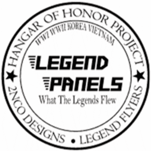 Circular logo for the hangar of honor project featuring the text "legend panels" and "what the legends flew", with small stars and icons of airplanes.