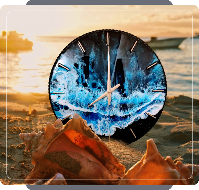 A clock on the beach with shells and water