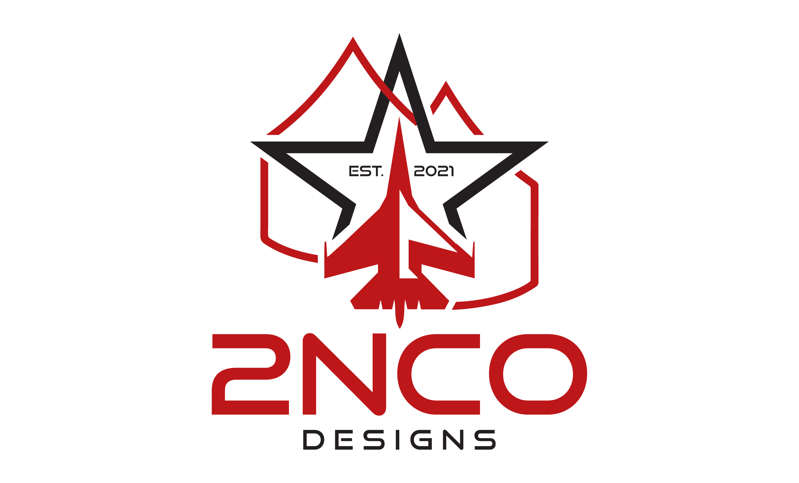 Logo of 2nco designs featuring a stylized black and red tree within a star, with "est. 2021" at the top, on a green background.